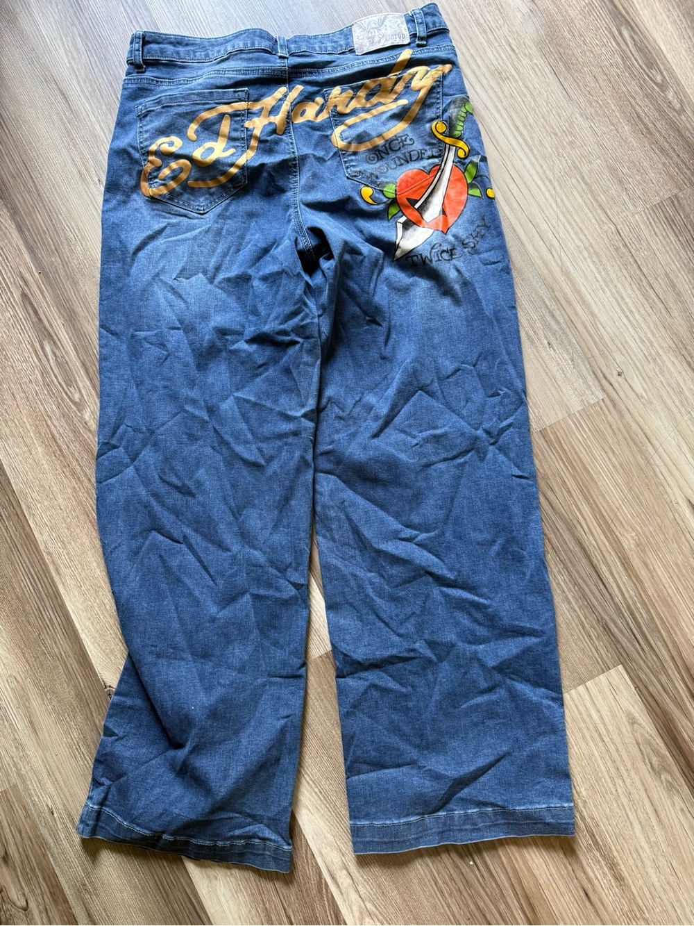 Ed Hardy Blue Denim Wide Leg Jeans with Gold Script and Red Heart Tattoo Art